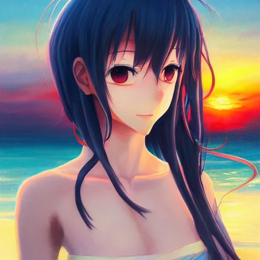 Image similar to an anime girl portrait, sunset, ocean in distance, oil painting, pale colors, high detail, 8 k, wide angle, trending on artstation,