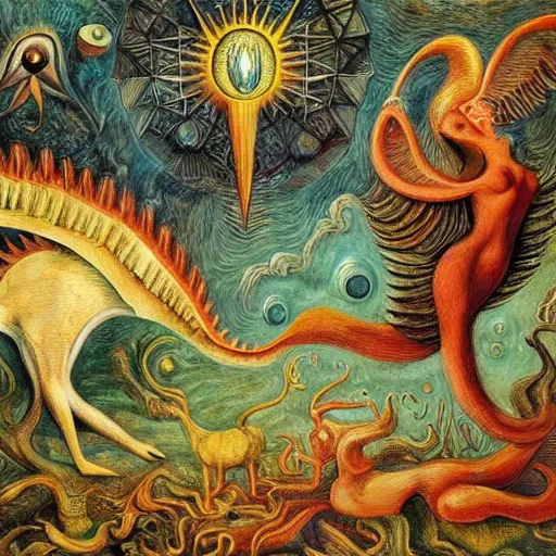 Image similar to strange mythical beasts of whimsy, surreal oil painting by ronny khalil and leonora carrington, drawn by ernst haeckel, as an offering to zeus