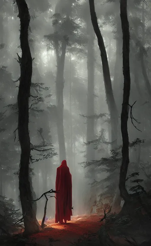 Prompt: the grim reaper in a dark dense forest, soft red natural light, crepuscular rays, intricate, digital painting, artstation, concept art, smooth, sharp focus, illustration, art by greg rutkowski and luis rollo and uang guangjian and gil elvgren, symmetry!