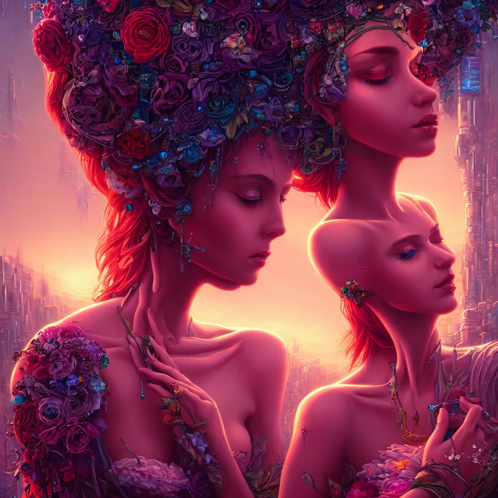 Image similar to a beautiful closeup 4K portrait painting of a flower goddess in a sensual pose, in the style dan mumford artwork, in the background a futuristic cyberpunk city is seen.