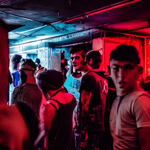 Image similar to photograph of a lot of people inside of a rundown hidden club, closeup, brutalism, retrofuturism, cyberpunk, sigma 85mm f/1.4, 35mm, 4k, depth of field, high resolution, 4k, 8k, hd, full color