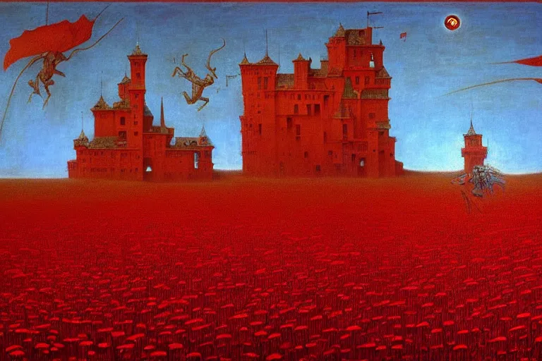 Image similar to only with red, red flowers of different types, a red tiger, a castle in the background, medieval demons dance over the flowers, an ancient path, in the style of beksinski, part by hopper, part by rodcenko, part by hofbauer, intricate composition, red by caravaggio, insanely quality, highly detailed, masterpiece, red light, artstation