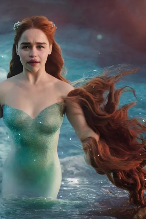 Prompt: Portrait photo of Emilia Clarke as the little mermaid, hair floating covering chest, bubbles vfx, cinematic lighting, god ray, starlit shining eyes