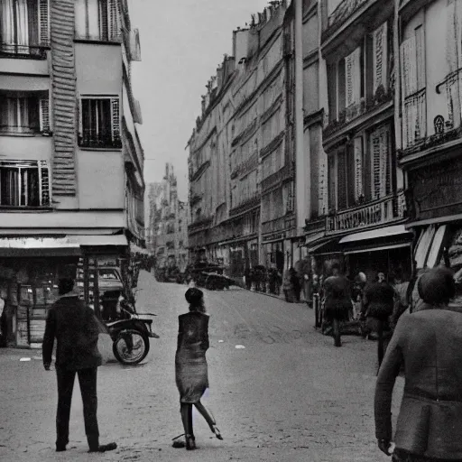 Prompt: a typical Parisian street of the future, in the foreground a man and a woman from behind, in the back at the bottom of the street a spaceship destroying buildings, war photo style, multiple details