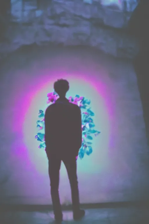 Image similar to kodak portra 4 0 0 photograph of a skinny guy looking into a otherworldly portal, flower crown, back view, vaporwave colors, grain, moody lighting, moody aesthetic,