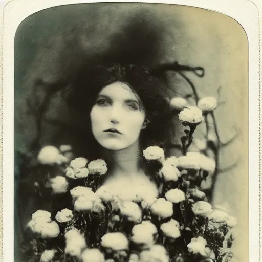 Image similar to portrait of a beautiful woman corpse covered in flowers, 1910 polaroid photography,
