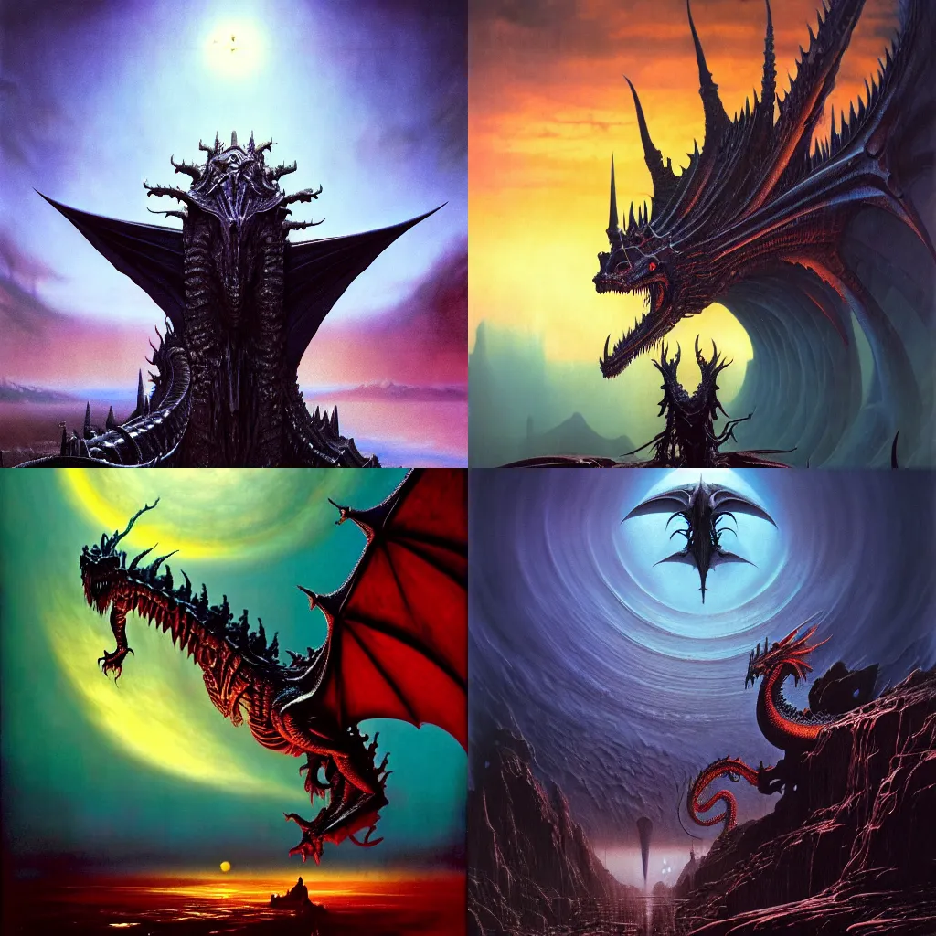 Prompt: A majestic gothic dragon, by Wayne Barlowe, by Bruce Pennington, by Paul Lehr, by HR Giger, masterpiece, oil on canvas, trending on artstation, top on pixiv, cinematic composition, dramatic scene, beautiful lighting, sharp, high details, astrophotography, no frames, 8K