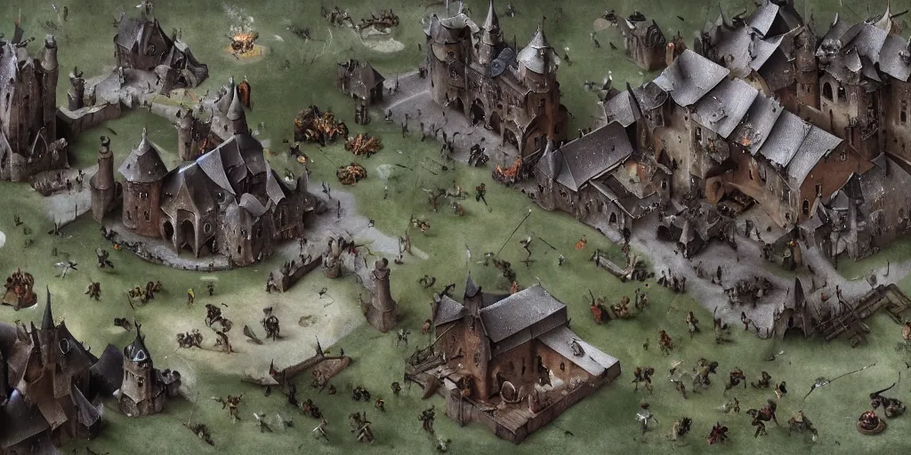 Prompt: RTS gameplay third person in style of Hieronymus Bosch paintings, painting, Stronghold strategy gameplay, high detailed,dark fantasy, dark tones, medieval, snow, buildings, castle, armored units, red flags, cavalry,RPG, high detailed, contrast, octane render,mill, farm, creative