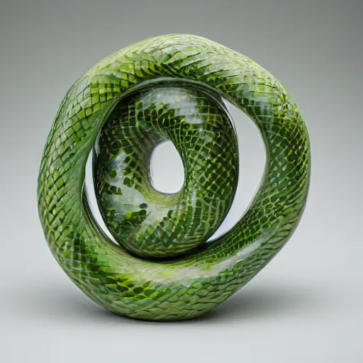Prompt: a ceramic sculpture of some kind of plant in a glazed surreal abstract serpent frame with a white wall behind it and swirling green plants in the center by cleo sjolander