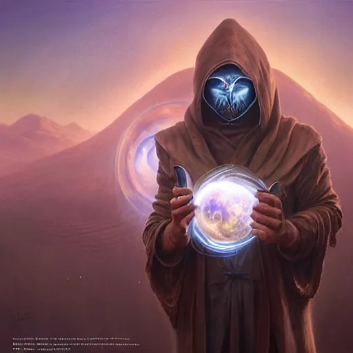 Image similar to masked nomad male wearing a cloak on an alien world and holding a holographic planet projection in his hand, detailed, sci - fi, digital painting, artstation, sharp focus, illustration, ominous, artgerm, tomasz alen kopera, peter mohrbacher, donato giancola, joseph christian leyendecker, wlop, frank frazetta