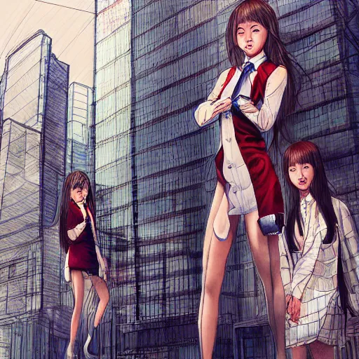 Prompt: a perfect, realistic professional digital sketch of a Japanese schoolgirls posing in a sci-fi cityscape, style of Marvel, full length, by pen and watercolor, by a professional American senior artist on ArtStation, a high-quality hollywood-style sketch, on high-quality paper