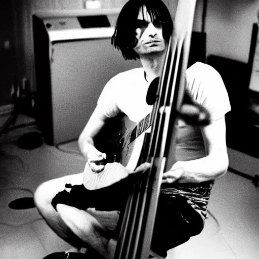 Image similar to Jonny Greenwood playing a guitar in a black and white photo, a black and white photo by Colin Greenwood, featured on tumblr, toyism, groovy, psychedelic, ilya kuvshinov