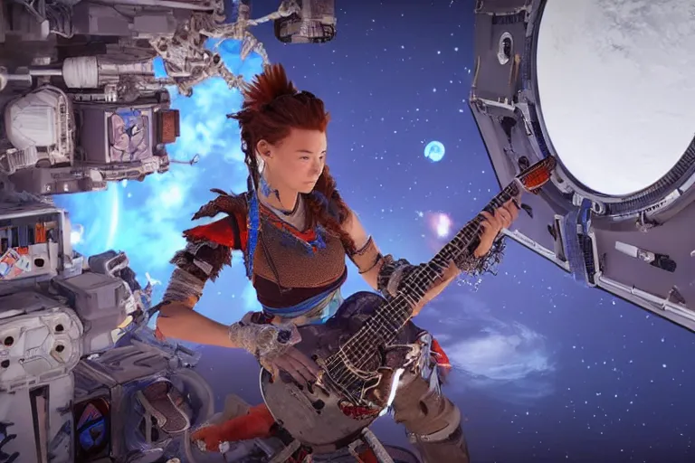 Image similar to aloy from the horizon zero dawn videogame playing the guitar in the international space station