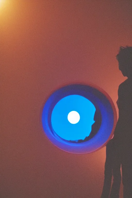 Prompt: kodak ultramax 4 0 0 photograph of a skinny guy looking into a bright otherworldly swirling glowing portal, back view, vaporwave colors, grain, moody lighting, moody aesthetic,