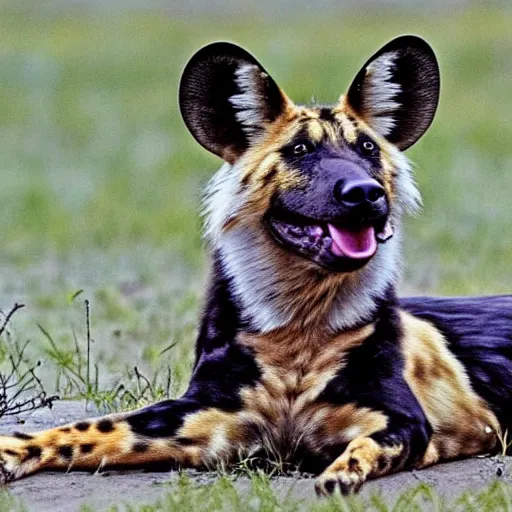 Image similar to A photo of the world's greatest sheriff: an african painted dog wearing a hat!