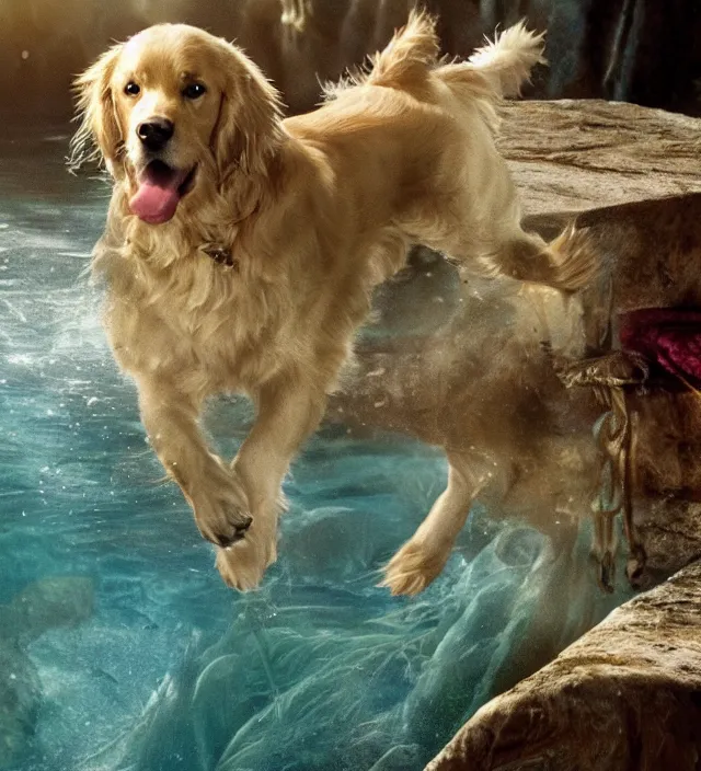 Image similar to a golden retriever as a mermaid in pirates of the caribbean, movie still frame, hd, remastered, movie grain, cinematic lighting