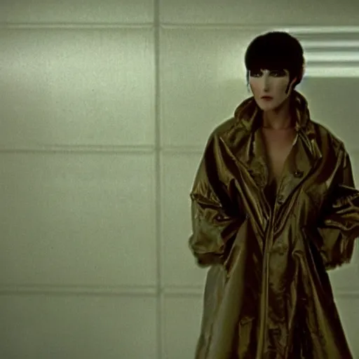 Prompt: cinematic portrait of a runaway replicant with tribal facepaint and a plastic raincoat in an empty room, still from the movie bladerunner