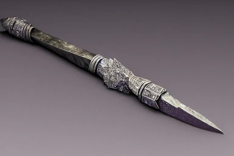 Image similar to A dagger made of crystal shimmers with an unnatural light, it had been enchanted by a skilled sorcerer, D&D fantasy setting, 4k