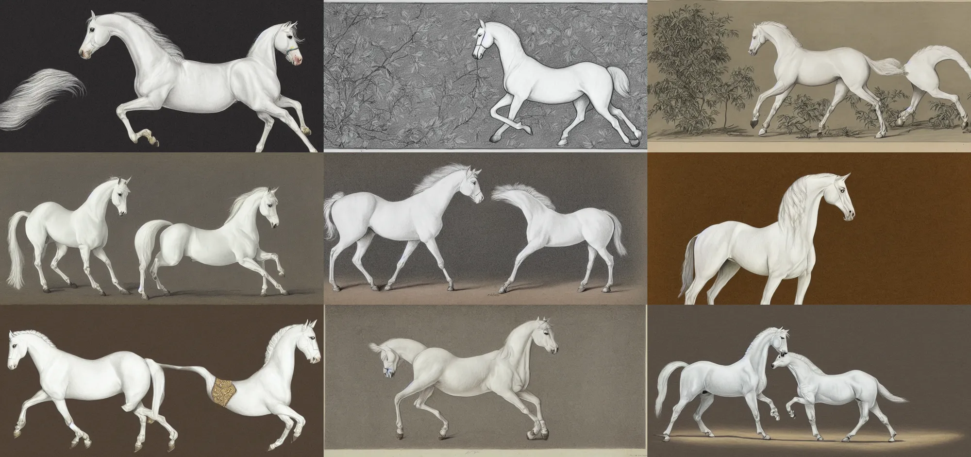 Prompt: a drawing of an arabian white horse in redoute style botanical image on slightly dark background