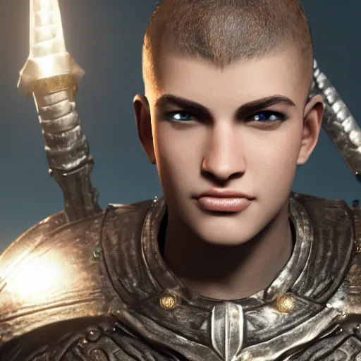 Prompt: still photo of fantasy warrior, male, highly detailed, photorealistic portrait, bright studio setting, studio lighting, crisp quality and light reflections, unreal engine 5 quality render