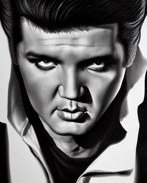 Image similar to a powerful energy elvis presley portrait, grainy black and white photo, by alexander fedosav, hyper detailed digital matte painting, concept art, hyperrealism, 1 6 k resolution, cinema 4 d, 8 k resolution, trending on artstation, behance hd, a masterpiece, by stephan martiniere, particles, by david a. hardy,