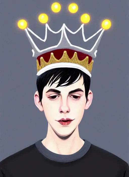 Image similar to portrait of teenage jughead jones wearing a light grey crown, photorealistic, crown, eyes closed, crown, black hair, sweater with letter s on it, letter s, intricate, elegant, glowing lights, highly detailed, digital painting, artstation, concept art, smooth, sharp focus, illustration, art by wlop, mars ravelo and greg rutkowski