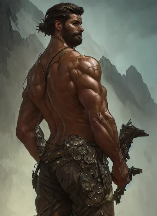 Image similar to Rugged ranger, male, man, D&D, muscular, bare thighs, fantasy, intricate, elegant, highly detailed, digital painting, artstation, concept art, smooth, sharp focus, illustration, art by artgerm and greg rutkowski and alphonse mucha