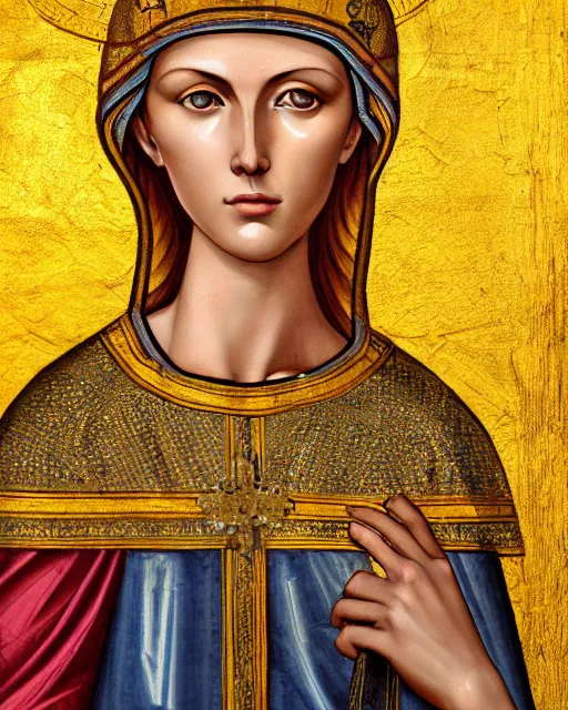 Image similar to byzantine fresco portrait of woman in shining golden armor, high production value, intricate details, high resolution, hdr, high definition, masterpiece, realistic, ultrarealistic, highly detailed, hd, sharp focus, non blurry, sharp, smooth