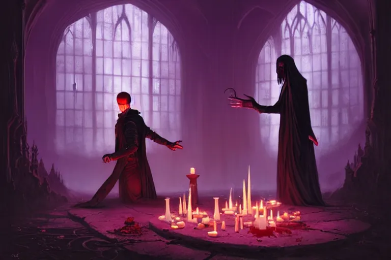 Prompt: Character concept art of Pretty guy male necromancer bringing dead to alive, casting dark magic spell. Gothic Castle room, lots of candles, barely lit warm violet red light, surrounded by ghosts coming through the floor By greg rutkowski, tom bagshaw, beksinski