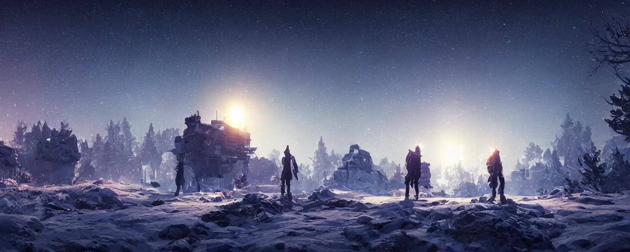 Image similar to winter nights with clear sky and stars and milky way galaxy 8 k uhd, unreal engine, octane render in the artstyle of finnian macmanus, john park and greg rutkowski