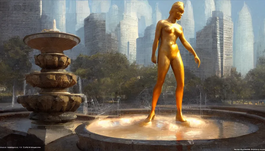 Prompt: craig mullins illustration of an art deco sculpture of the sun on top of a fountain, unreal engine, hyper realism, realistic shading, cinematic composition, realistic render, octane render, detailed textures, photorealistic, wide shot