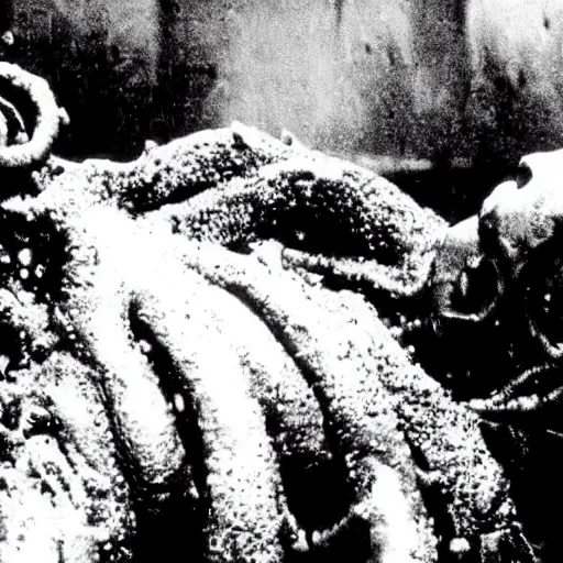 Prompt: horrible creature from the movie The thing (1982). disgusting. movie scene. blood. creepy. tentacles. peeling. chilling. scary. gross. visceral. disturbing. granular photography. old movie W-1024 H1024