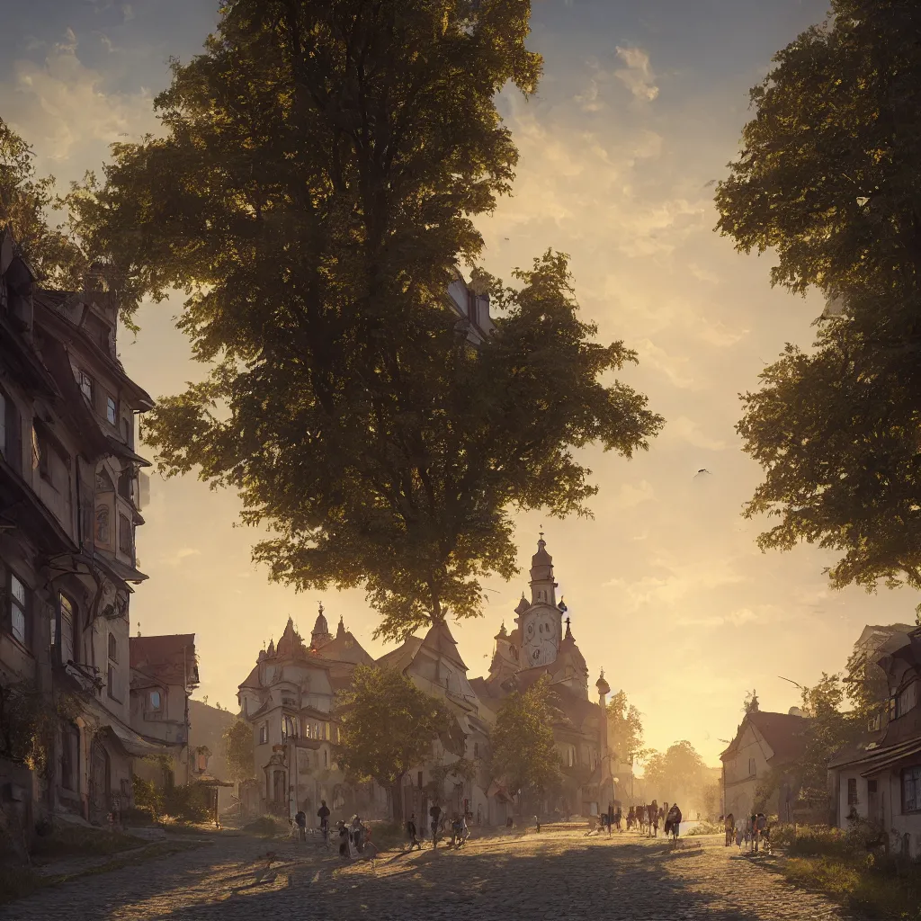 Image similar to a beautiful photo of banska stiavnica in summer with old houses and trees in sunset, sky, people walking on street, unreal engine, by greg rutkowski and james gurney, artstation