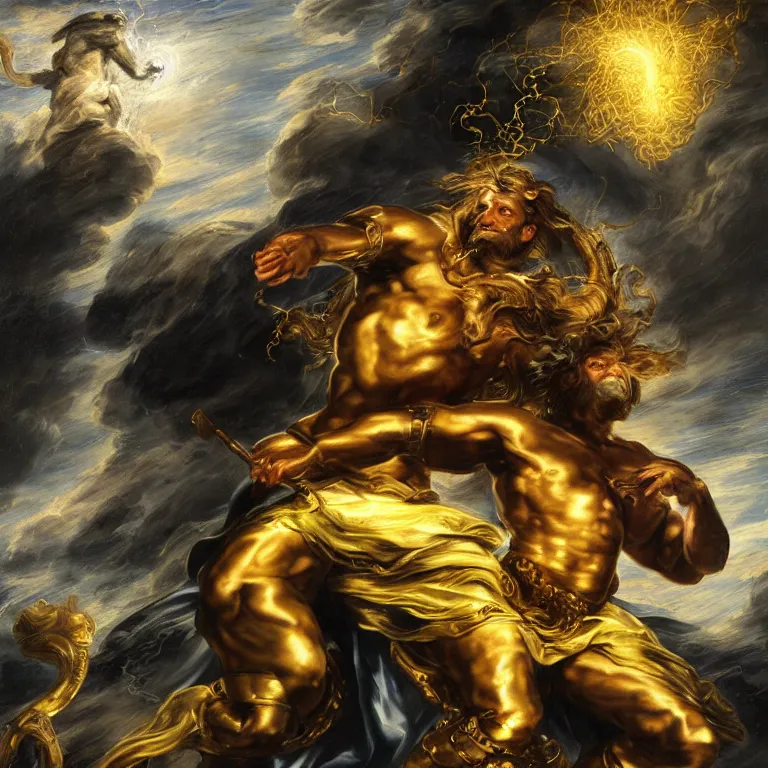 Image similar to mythological god of thunder and artificial intelligence creating an artificial neural network with dark yellow synapses on an anvil, high resolution, award winning art, trending on art station, sharp image, incredibly detailed, god of thunder detailed character realistic painting, painting by peter paul rubens