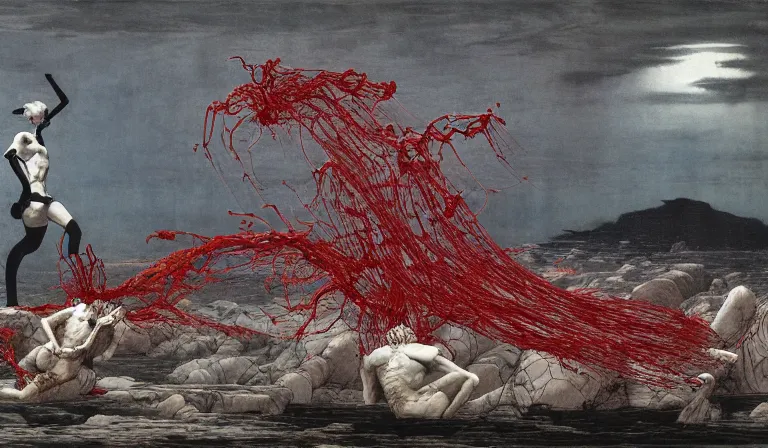 Image similar to still frame from Prometheus by Jakub rozalski by utagawa kuniyoshi by Yves Tanguy, Vast blossoming hell plains with resurrecting crimson filament mycelium biomechanical giger cyborgs in style of Jakub rozalski with character designs by Neri Oxman, metal couture haute couture editorial