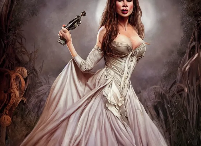 Image similar to sofia vergara as a heroine with a dress inspired by american horror story, digital painting, artstation, concept art, smooth, sharp focus, illustration, in - frame, centered, art by artgerm and donato giancola and joseph christian leyendecker, ross tran, wlop