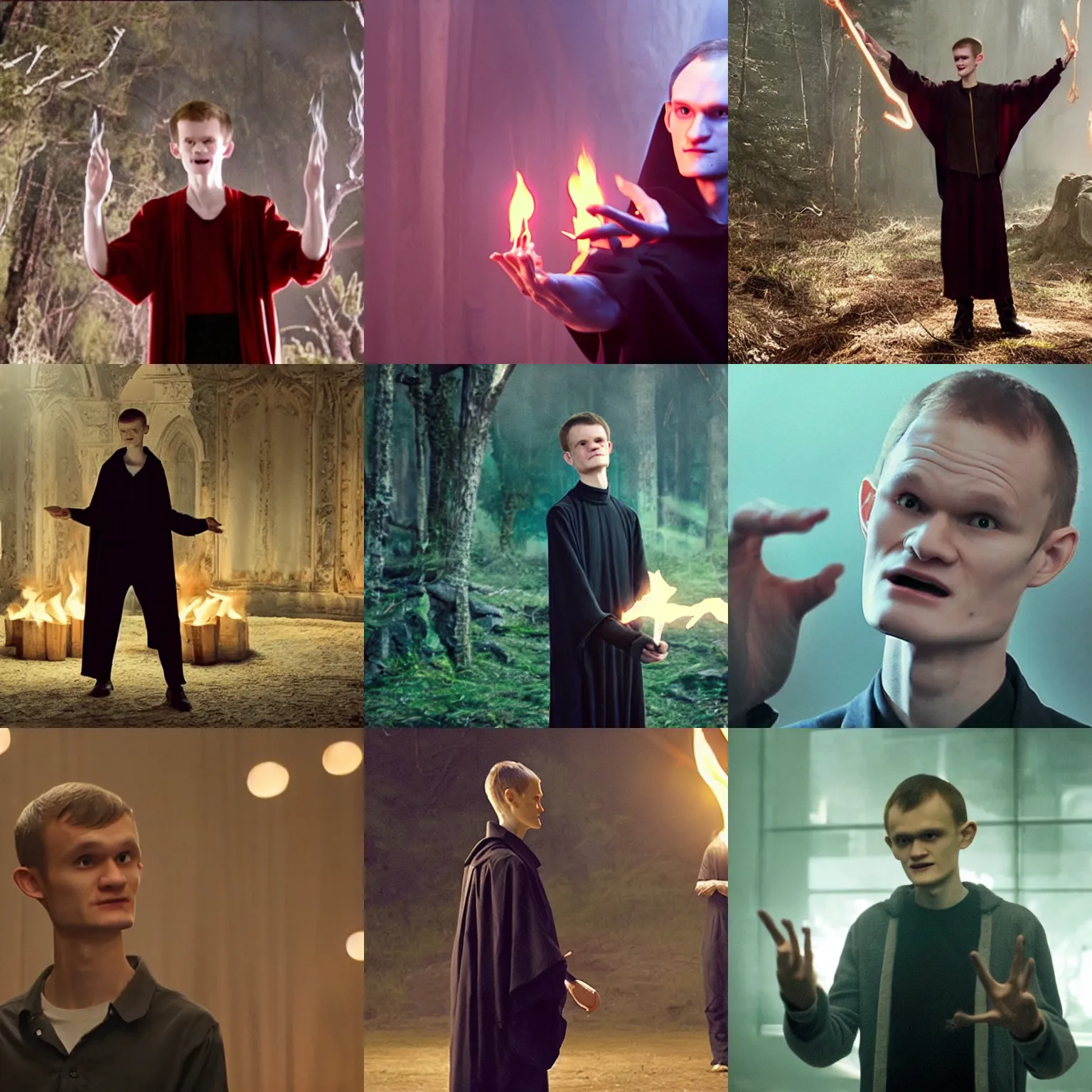 Prompt: < movie - still > vitalik buterin as an arcane wizard casting a spell < / movie - still >