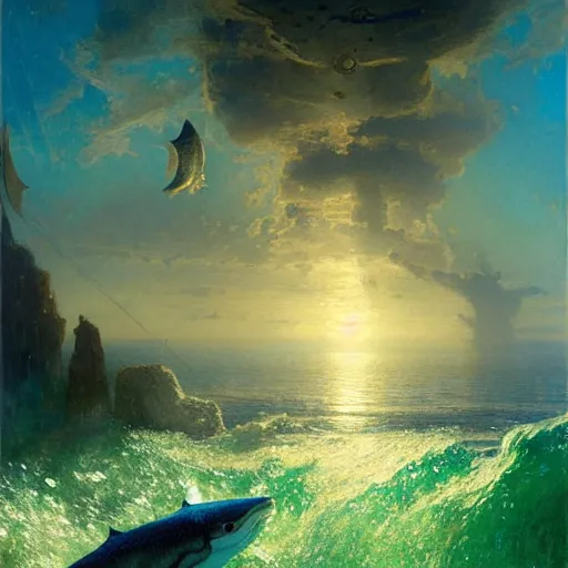 Image similar to point of view of deep in the ocean looking up, you see fishes, higher up you see very clearly the milk way illuminating the sea down bellow. highly detailed painting by gaston bussiere, greg rutkowski 8 k