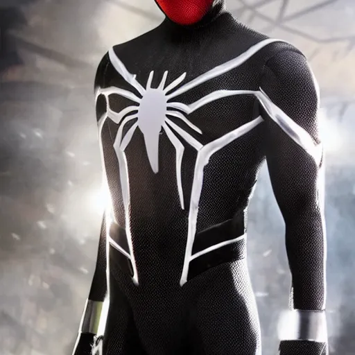 Image similar to black spider - man suit with white web lining, cinematic, volumetric lighting, realistic, hyperdetailed, photorealistic, photograph