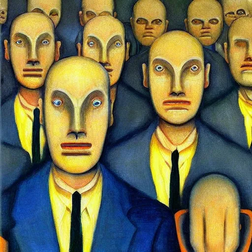 Image similar to queue of super - intelligent robots with kind eyes portrait, grant wood, pj crook, edward hopper, oil on canvas