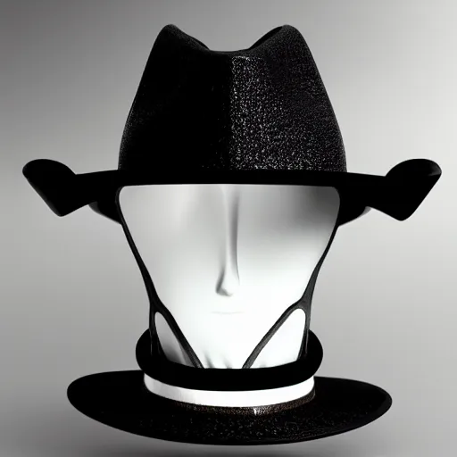 Image similar to [high tech cowboy hat in futuristic colours and fabrics, object design, couture]