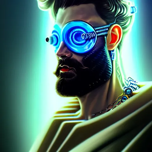 Image similar to bearded man with extremely large and intricate eye cyberpunk bionics with angry blue eyes and slim features looking askance, eye cyberpunk bionics, retro futurist style, intricate, elegant gleaming intricate baroque jewelry, angelic halo, highly detailed, digital painting, artstation, concept art, smooth, sharp focus, illustration, art by wlop, mars ravelo and greg rutkowski,