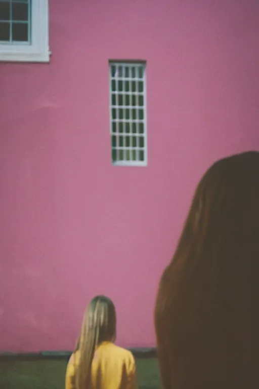 Image similar to photography, close-up of woman from behind looking at weird pink house, daylight, 35mm