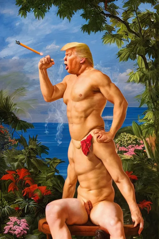 Prompt: muscular Donald Trump, in a Speedo, smoking marijuana, golden hour, in a garden, artstation, by J. C. Leyendecker and Peter Paul Rubens,