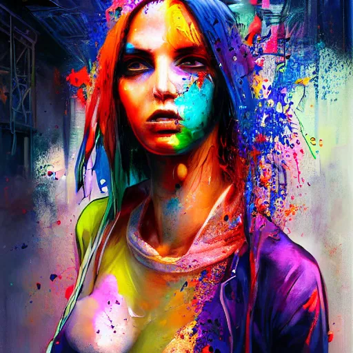 Prompt: a cyberpunk goddess, side portrait, hoodie, bandage on arm, striking, defiant, spotlight, paint drips, paint splatter, vibrant colors, 1 9 years old, beautiful eyes, by marco paludet and gianni strino and marion bolognesi - n 4