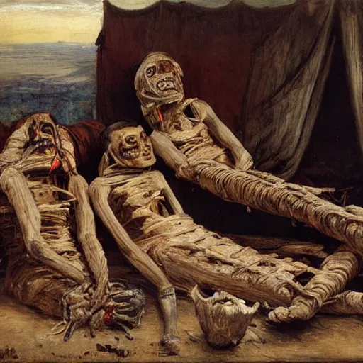 Image similar to painting | mummies | cannibals | vampires | style by millais | 8 k | highly detailed |