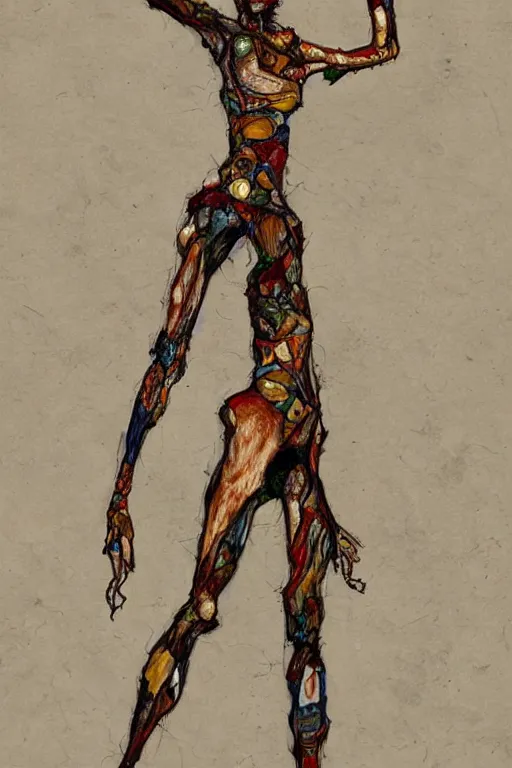 Image similar to a full body character with multiple lifted arms in style of egon schiele and herakut, masterpiece, hyperdetailed, complex, intricate, veiled, 4 k, 8 k, dynamic!!, trending on artstation