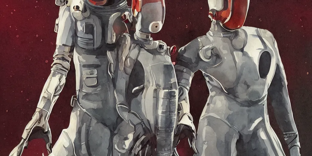 Image similar to woman, full body, wide shot, modern space suit, intriguing helmet, stylized character design, the expanse tv series, large shoulders, short torso, long thin legs, tiny feet, science fiction, hyperdetailed, technical suit, dieselpunk, watercolor digital painting, in the style of bruce timm, by alex maleev