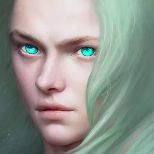 Image similar to portrait of a beautiful young woman with bright blue eyes, flowing white hair, dressed in a green, detailed face, fantasy, highly detailed, cinematic lighting, digital art painting by greg rutkowski, trending on artstation, very very beautiful, very attractive