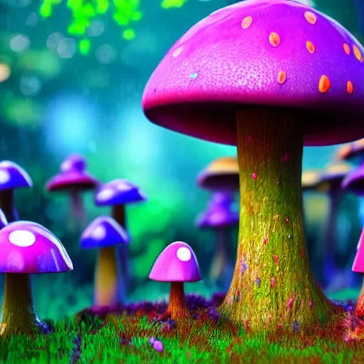 Image similar to a magical forest of brightly colored mushrooms and forest creatures dancing in the rain, fantasy landscape, 4 k, 3 d